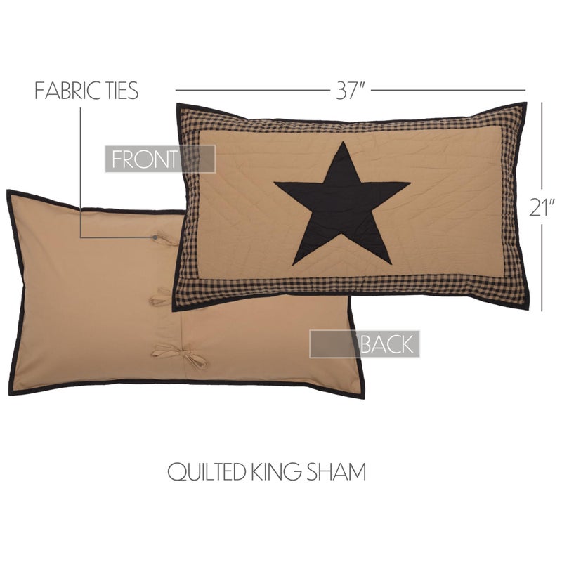 VHC Brands Check Star Cotton Primitive Bedding Hand Quilted Appliqued King Sham, Raven Black - Image 2